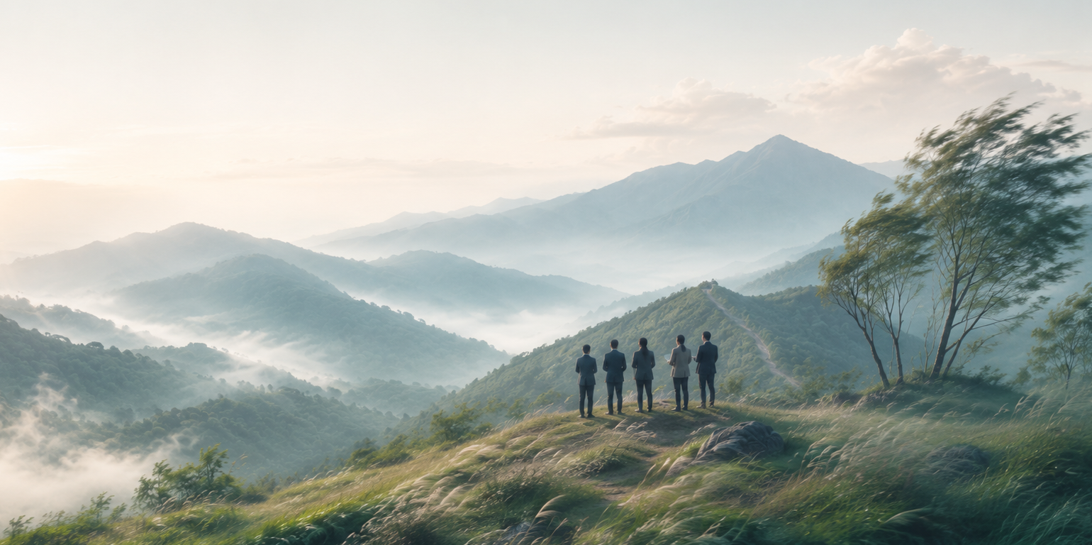 團隊立於山巔遠眺層巒疊嶂,呼應「心澄」與「山風」的意象